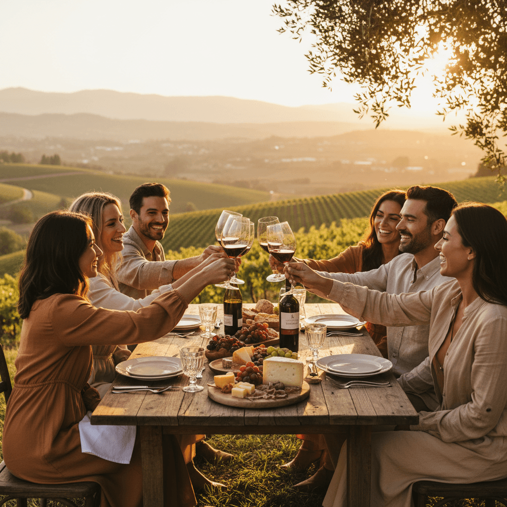 Friends toasting wine glasses at a vineyard table at golden hour