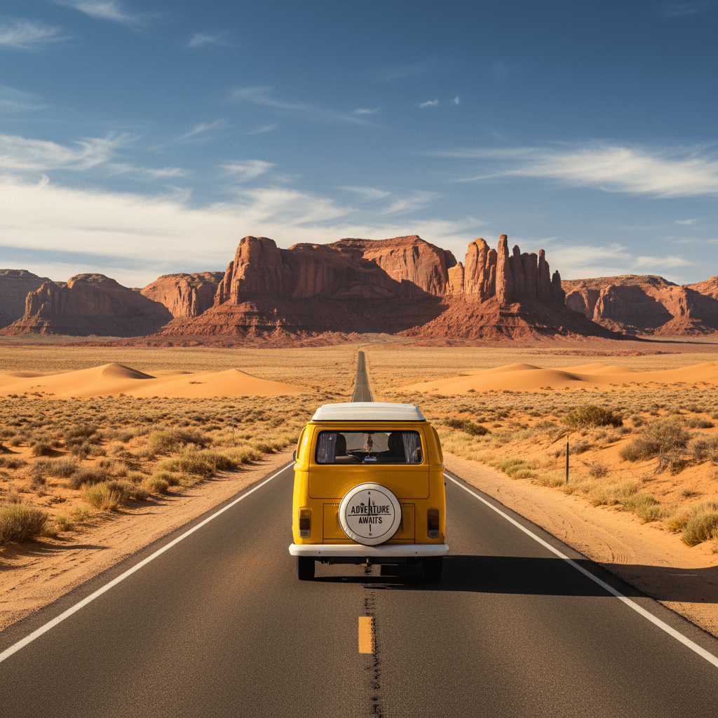 Yellow VW camper van on a desert highway toward red rock formations at golden hour