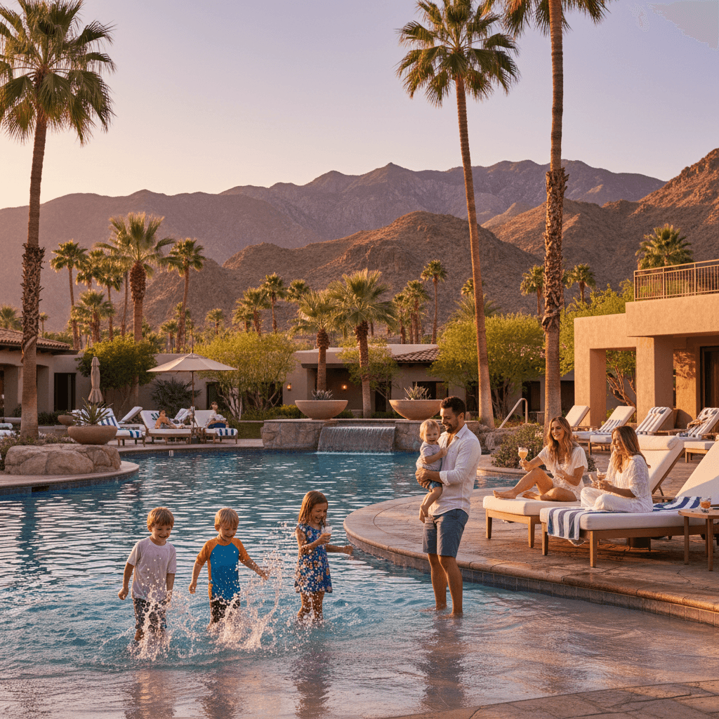 Families with kids at a desert resort pool surrounded by palm trees and mountains