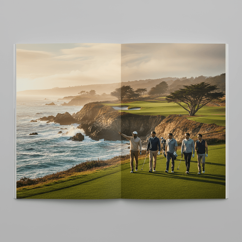 Four guys walking an ocean-cliff golf course at Pebble Beach at golden hour
