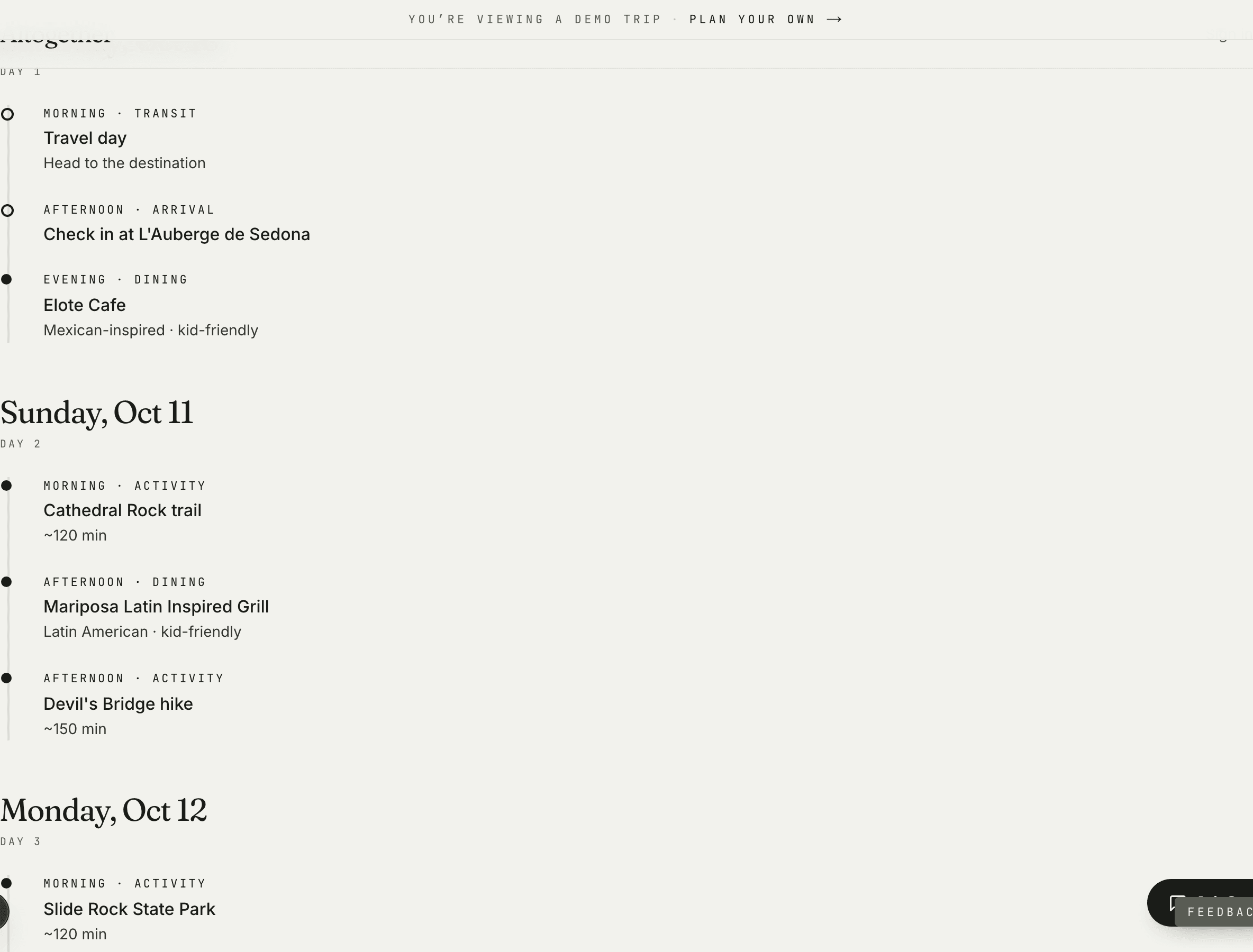 A trip itinerary listing each day with morning, afternoon and evening entries